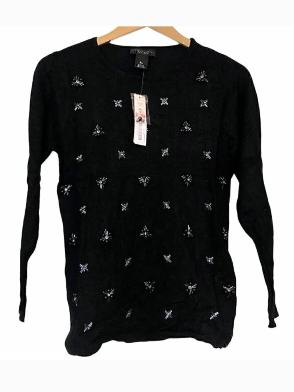 NEW NWT INVESTMENTS Black Beaded Bead Embellished Crewneck Sweater PETITE Small